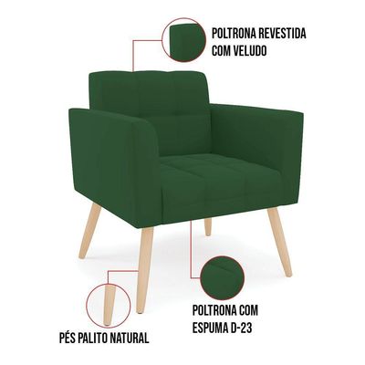 Poltrona Elisa Veludo Verde Pés Palito Natural - D'rossi