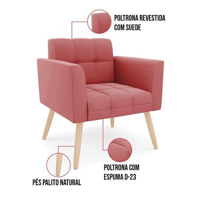 Poltrona Elisa Suede Pés Palito Natural - D'rossi Cor Rose