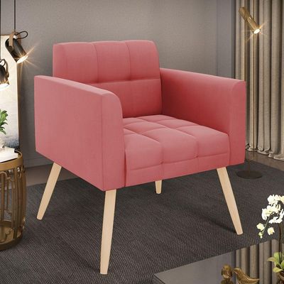 Poltrona Elisa Suede Rosê Pés Palito Natural - D'rossi