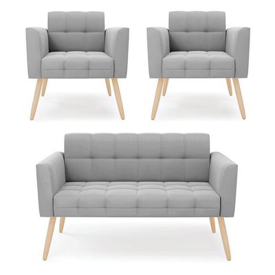 Kit 1 Sofá Namoradeira E 2 Poltronas Elisa Suede Pés Palito Natural - D'rossi Cor Cinza