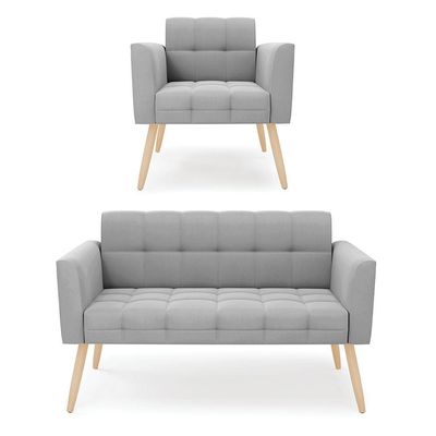 Kit 1 Sofá Namoradeira E 1 Poltrona Elisa Suede Pés Palito Natural - D'rossi Cor Cinza