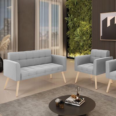 Kit 1 Sofá Namoradeira E 1 Poltrona Elisa Suede Pés Palito Natural - D'rossi Cor Cinza