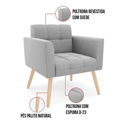 Kit 1 Sofá Namoradeira E 1 Poltrona Elisa Suede Pés Palito Natural - D'rossi Cor Cinza