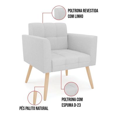 Kit 1 Sofá Namoradeira E 1 Poltrona Elisa Linho Pés Palito Natural - D'rossi Cor A05 Cinza