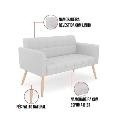 Kit 1 Sofá Namoradeira E 1 Poltrona Elisa Linho Cinza A05 Pés Palito Natural - D'rossi