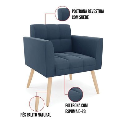 Poltrona Elisa Suede Azul Marinho Pés Palito Natural - D'rossi