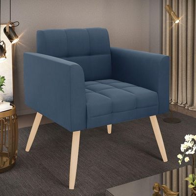 Poltrona Elisa Suede Azul Marinho Pés Palito Natural - D'rossi