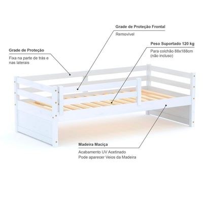 Cama Solteiro Slim Rb Com Grade De Proteção Madeira Maciça Branco Housin