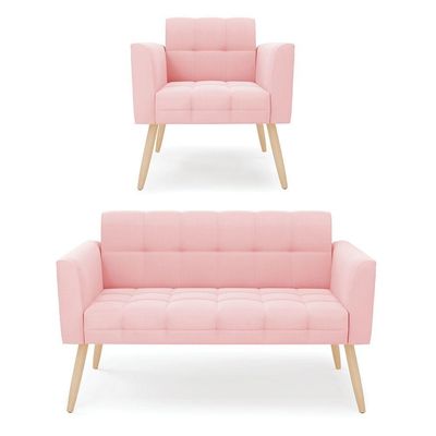 Kit 1 Sofá Namoradeira E 1 Poltrona Elisa Suede Pés Palito Natural - D'rossi Cor Rosa Bebê