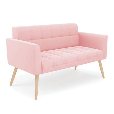 Kit 1 Sofá Namoradeira E 1 Poltrona Elisa Suede Pés Palito Natural - D'rossi Cor Rosa Bebê