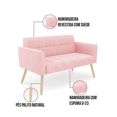 Kit 1 Sofá Namoradeira E 1 Poltrona Elisa Suede Pés Palito Natural - D'rossi Cor Rosa Bebê