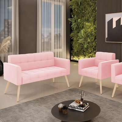 Kit 1 Sofá Namoradeira E 1 Poltrona Elisa Suede Pés Palito Natural - D'rossi Cor Rosa Bebê