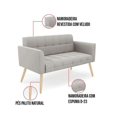 Kit 1 Sofá Namoradeira E 2 Poltronas Elisa Veludo Cinza Pés Palito Natural - D'rossi