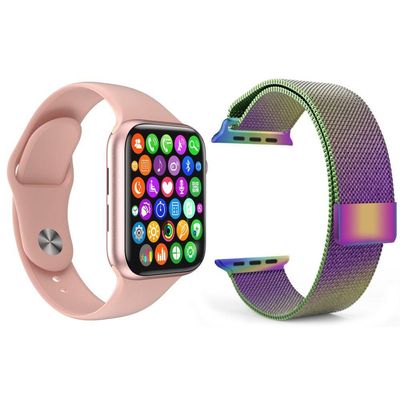 Kit Smartwatch Iwo9 Lite Rosa +Pulseira Arco íris