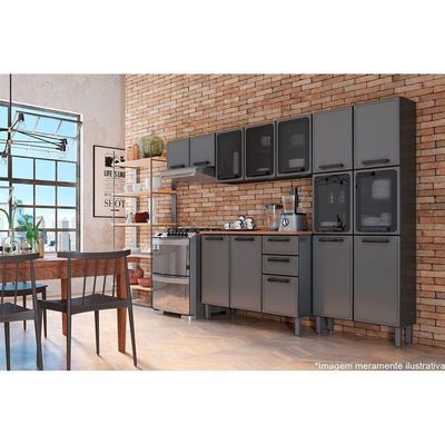 Armário Aéreo Cozinha Modulado Estilo 7009 3 Portas C/ Vidro Cinza/grafite - Bertolini