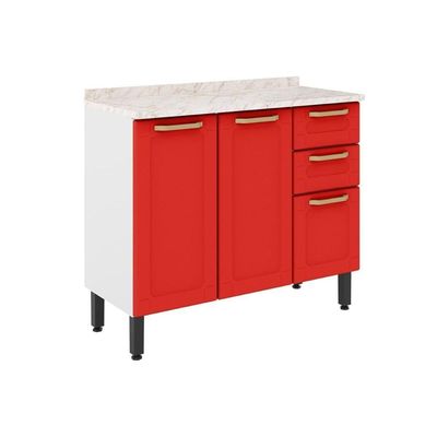 Gabinete De Cozinha Modulado Balcão Colors 6114 3 Portas E 2 Gavetas C/tampo Branco/vermelho