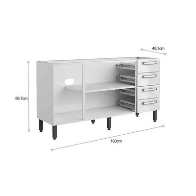 Gabinete De Cozinha Modulado Balcão Evidence 7028 3 Portas 4 Gavetas S/ Tampo Branco - Bertolini