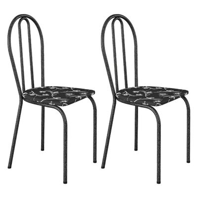 Kit 2 Cadeiras De Cozinha Texas Estampado Preto Florido Pés De Ferro Cromo Preto - Pallazio