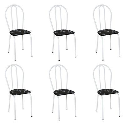 Kit 6 Cadeiras De Cozinha Texas Estampado Preto Florido Pés De Ferro Branco - Pallazio
