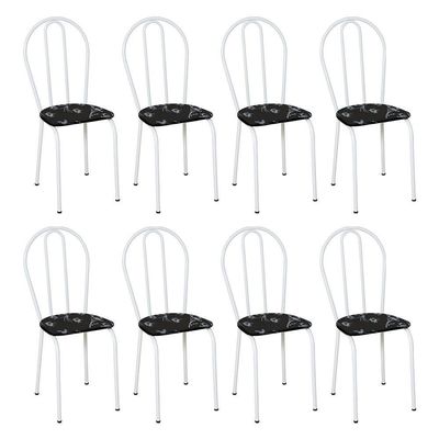 Kit 8 Cadeiras De Cozinha Texas Estampado Preto Florido Pés De Ferro Branco - Pallazio