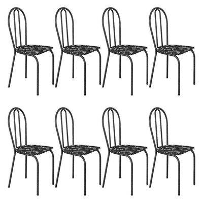 Kit 8 Cadeiras De Cozinha Texas Estampado Preto Florido Pés De Ferro Cromo Preto - Pallazio