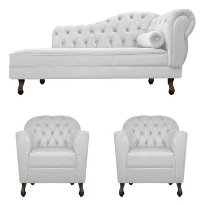 Kit Diva Recamier Diana 130cm Lado Esquerdo e 02 Poltronas Julia Suede Branco