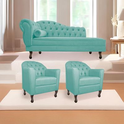 Kit Diva Recamier Diana 160cm Lado Direito e 02 Poltronas Julia Suede Azul Tiffany