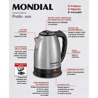Chaleira Eletrica Mondial 2litros - 79520-02 Preto Com Inox 220v 220v