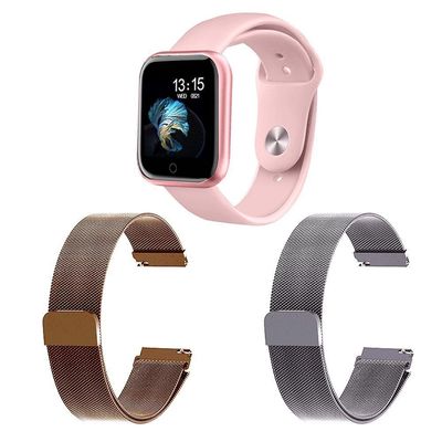 Kit Smartwatch T80 Rosa + 2 Pulseiras Rosê E Prata