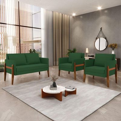 Kit 1 Sofá Namoradeira E 2 Poltronas Lana Veludo Base De Madeira - D'rossi Cor Verde