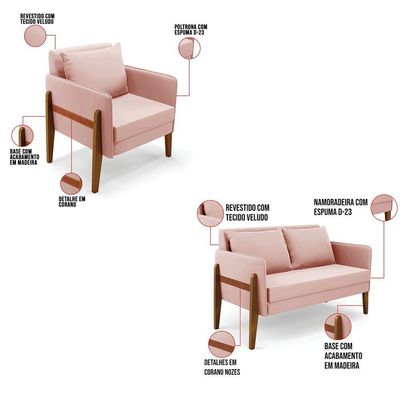 Kit 1 Sofá Namoradeira E 2 Poltronas Lana Veludo Base De Madeira - D'rossi Cor Rose