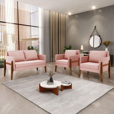 Kit 1 Sofá Namoradeira E 2 Poltronas Lana Veludo Base De Madeira - D'rossi Cor Rose