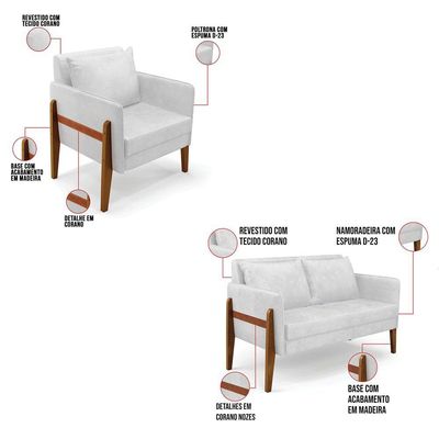 Kit 1 Sofá Namoradeira E 2 Poltronas Lana Corano Branco Base De Madeira - D'Rossi
