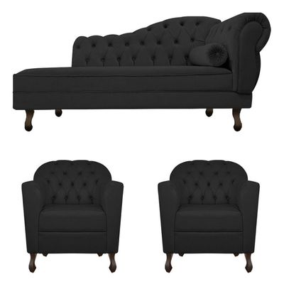 Kit Diva Recamier Diana 185cm Lado Esquerdo e 02 Poltronas Julia Corano Preto