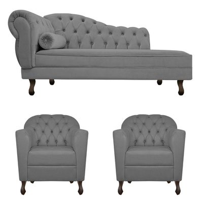 Kit Diva Recamier Diana 185cm Lado Direito e 02 Poltronas Julia Suede Cinza