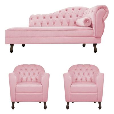 Kit Diva Recamier Diana 160cm Lado Esquerdo e 02 Poltronas Julia Suede Rosa Bebê
