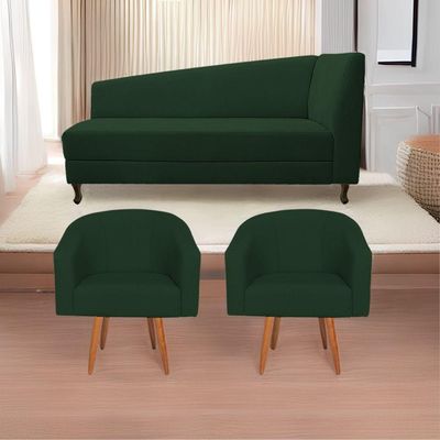 Kit Diva Recamier Heitor 185cm Lado Esquerdo e 02 Poltronas Luiza Suede Verde
