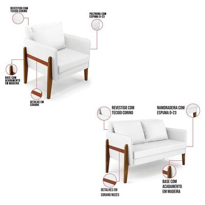 Kit 1 Sofá Namoradeira E 2 Poltronas Lana Corino Base De Madeira - D'Rossi Branco