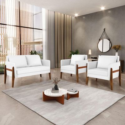 Kit 1 Sofá Namoradeira E 2 Poltronas Lana Corino Base De Madeira - D'Rossi Branco