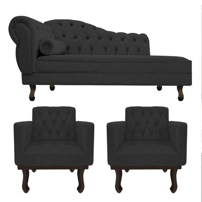 Kit Diva Recamier Diana 185cm Lado Direito E 02 Poltronas Classic Corano - Amarena Móveis Cor Preto