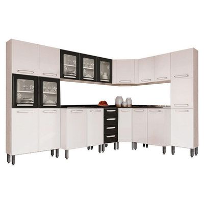 Cozinha Completa Evidence 8 Peças (3 Armários + 3 Balcões + 2 Paneleiros) C8p23 Branco/preto