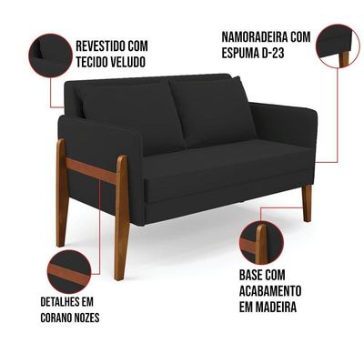 Sofá Namoradeira Lana Veludo Preto Base De Madeira - D'rossi