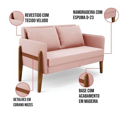 Sofá Namoradeira Lana Veludo Base De Madeira - D'rossi Cor Rose
