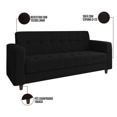 Kit 01 Sofá 03 Lugares E 01 Poltrona Arezzo Linho Preto A79 Pés Chanfrado Tabaco - D'rossi