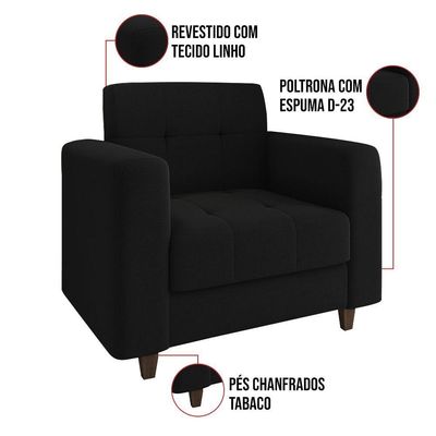 Kit 01 Sofá 03 Lugares E 01 Poltrona Arezzo Linho Preto A79 Pés Chanfrado Tabaco - D'rossi