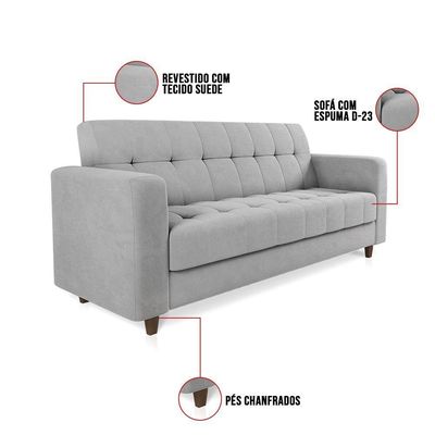 Sofá 03 Lugares Arezzo Suede Cinza Pés Chanfrado Tabaco - D'rossi