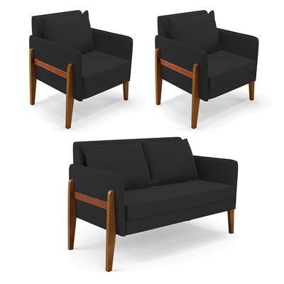 Kit 1 Sofá Namoradeira E 2 Poltronas Lana Veludo Preto Base De Madeira - D'rossi