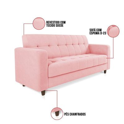 Sofá 03 Lugares Arezzo Suede Pés Chanfrado Tabaco - D'rossi Cor Rosa Bebê