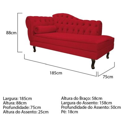 Diva Recamier Diana 185cm Lado Direito Suede - Doce Sonho Móveis Vermelho