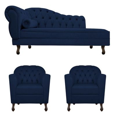 Kit Diva 140Cm Lado Direito E 02 Poltronas Julia Suede - Doce Sonho Móveis Azul Marinho